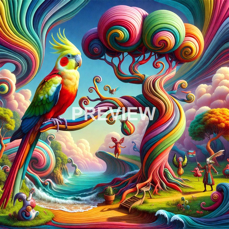 A colorful, surreal scene featuring a rainbow-hued tree with swirling branches, a parrot perched on a branch, and whimsical creatures and elements in a fantastical landscape with vibrant clouds and flowing water.